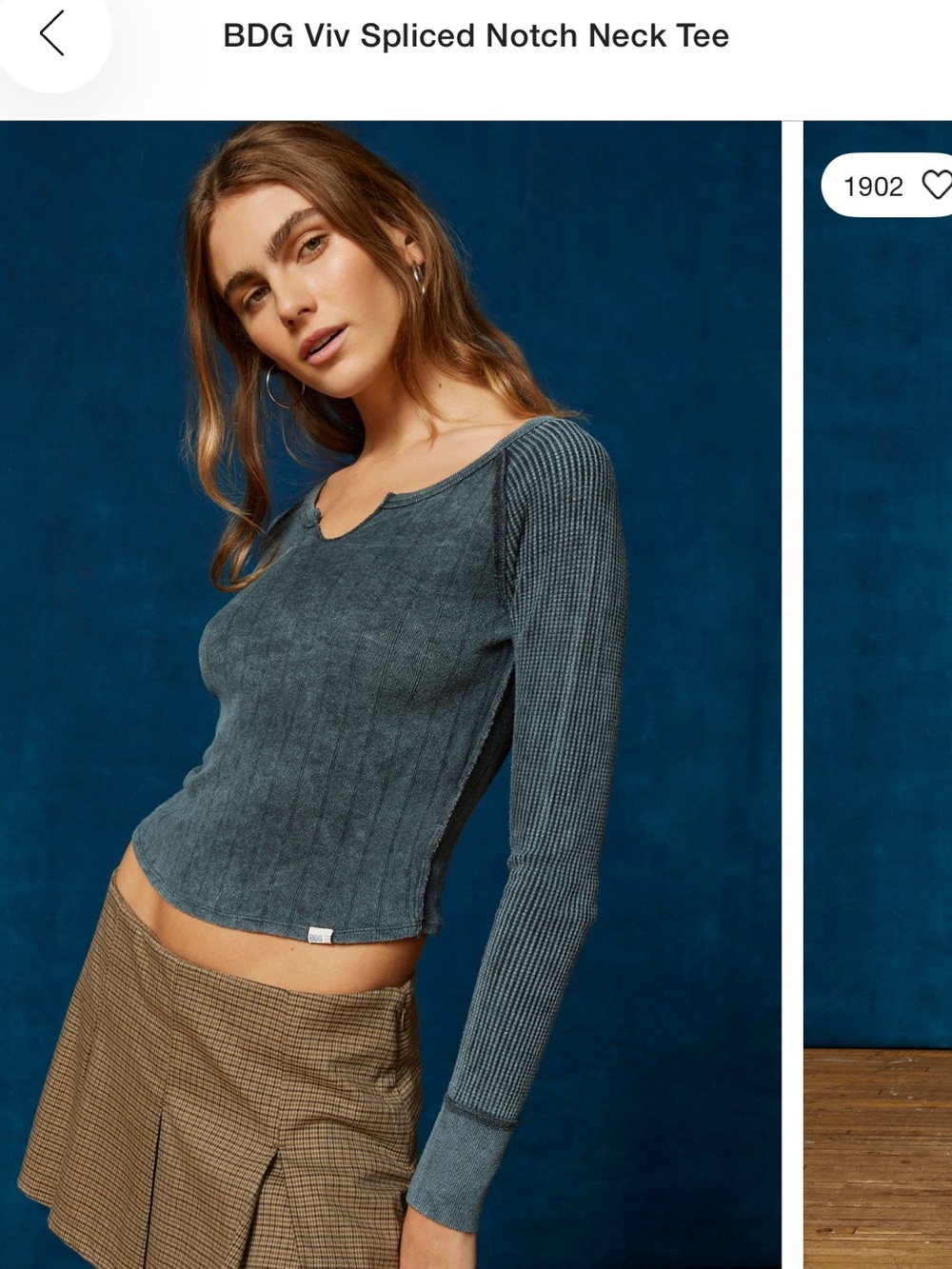 BDG Slate Blue Spliced Notch Neck Long Sleeve Tee